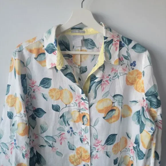 Chicos womens 100% linen shirt size 12 no Iron  lemon flower 3/4 sleeve - Picture 3 of 8